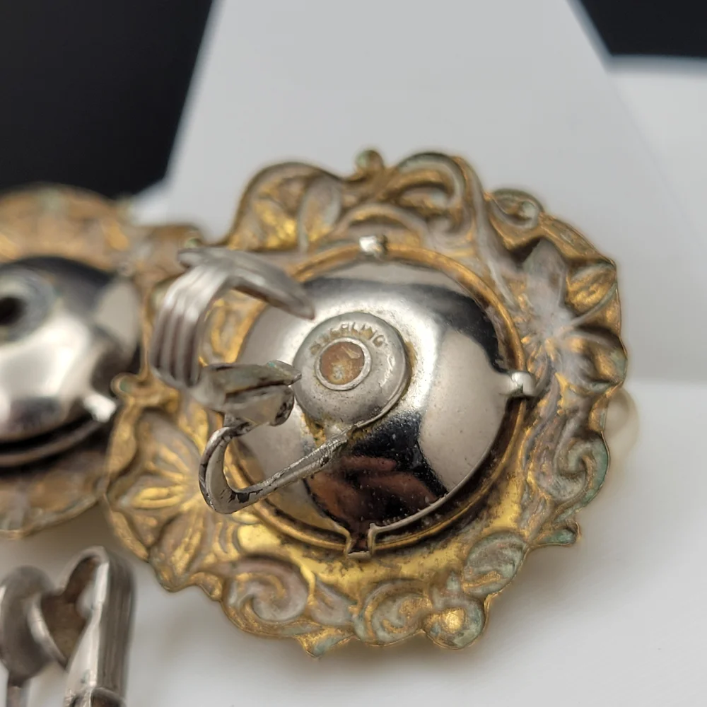 Vintage Art Nouveau Brass Faux Cluster Pearl Sterling Clip-On Earrings *AS-IS* - Picture 12 of 15